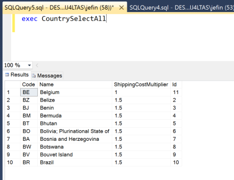 CountrySelectAll Stored Procedure Test